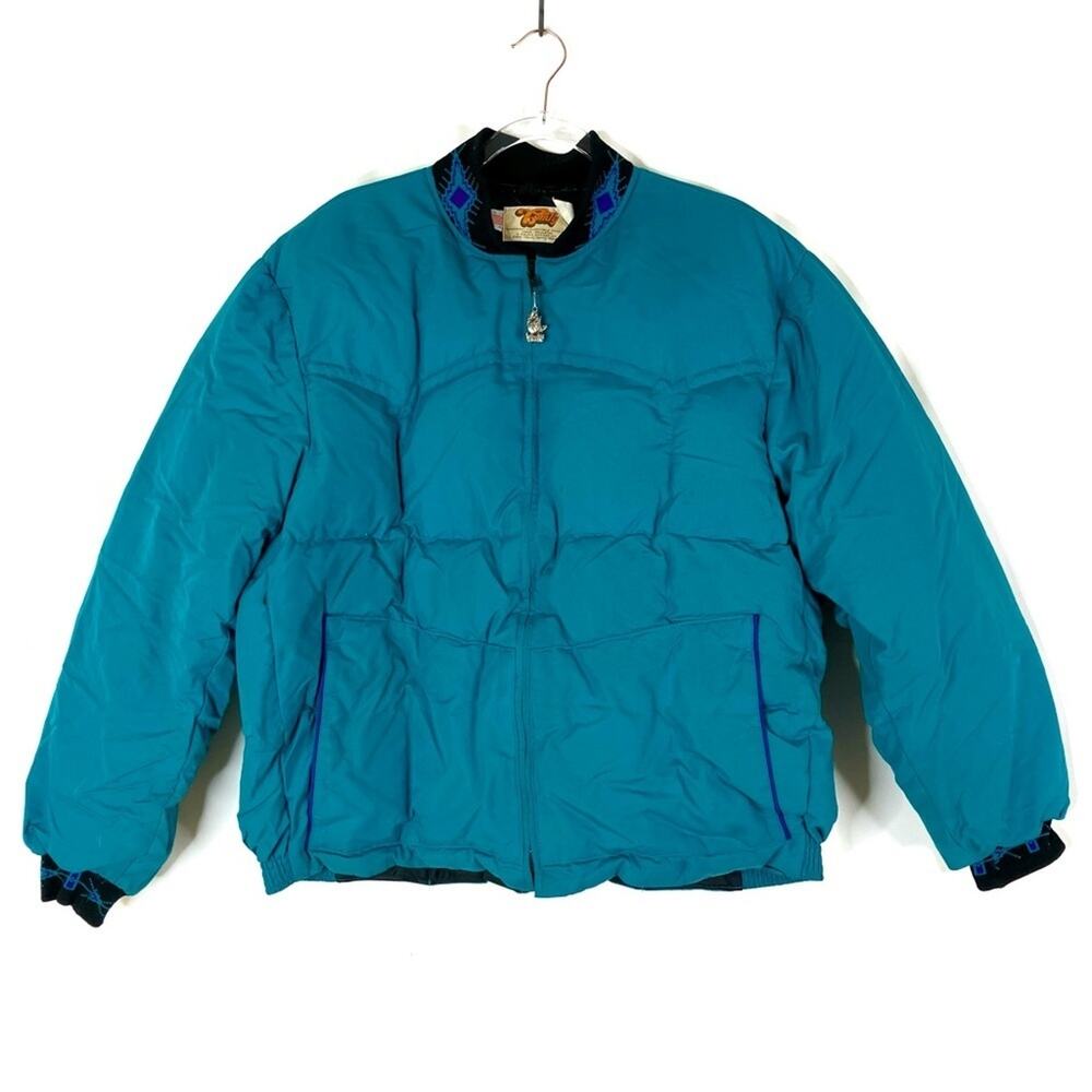 Comfy USA | Vintage Men's Teal Down Puffer Ski Jacket Aztec Full Zip XL